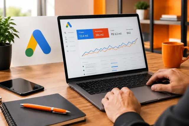 Google Ads campaign dashboard on a laptop