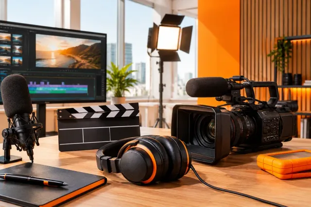 Camera, microphone, headphones and clapperboard on a production desk